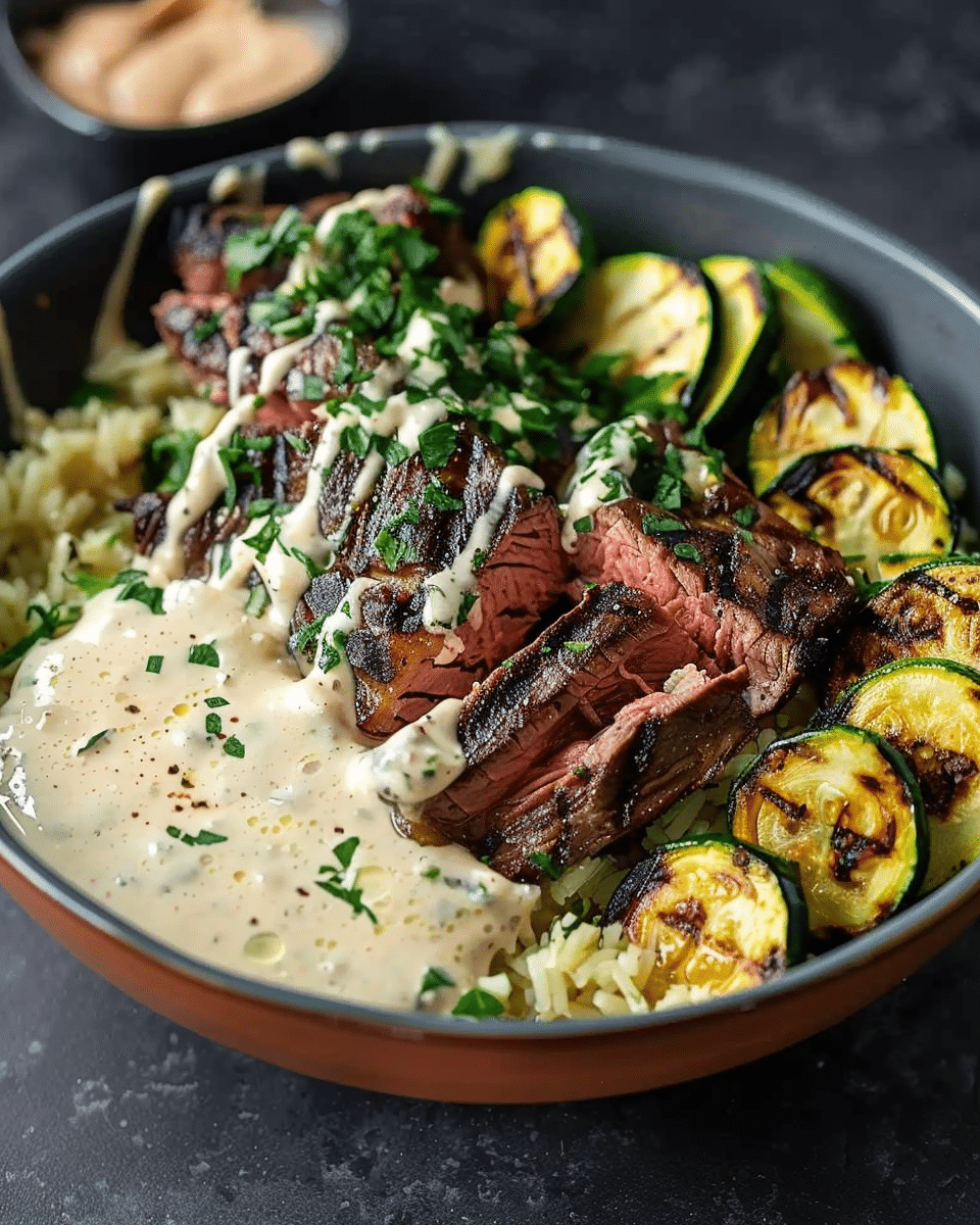 Grilled Steak Bowl with Creamy Sauce & Grilled Zucchini
