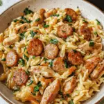 The BEST Creamy Chicken Sausage Orzo Skillet