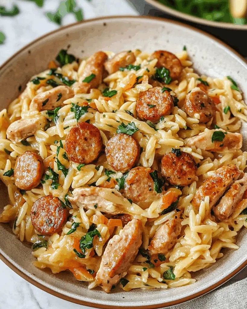 The BEST Creamy Chicken Sausage Orzo Skillet