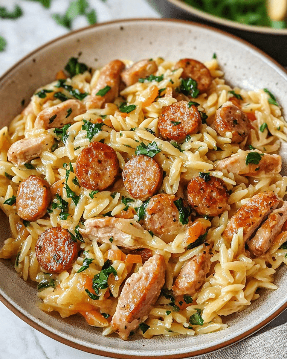 The BEST Creamy Chicken Sausage Orzo Skillet