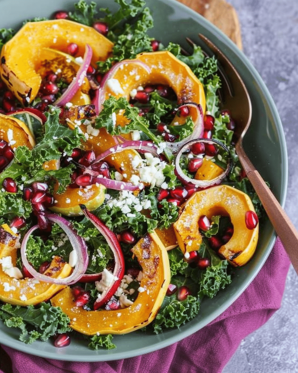 Fall Harvest Salad with Delicata Squash, Pomegranate and Kale