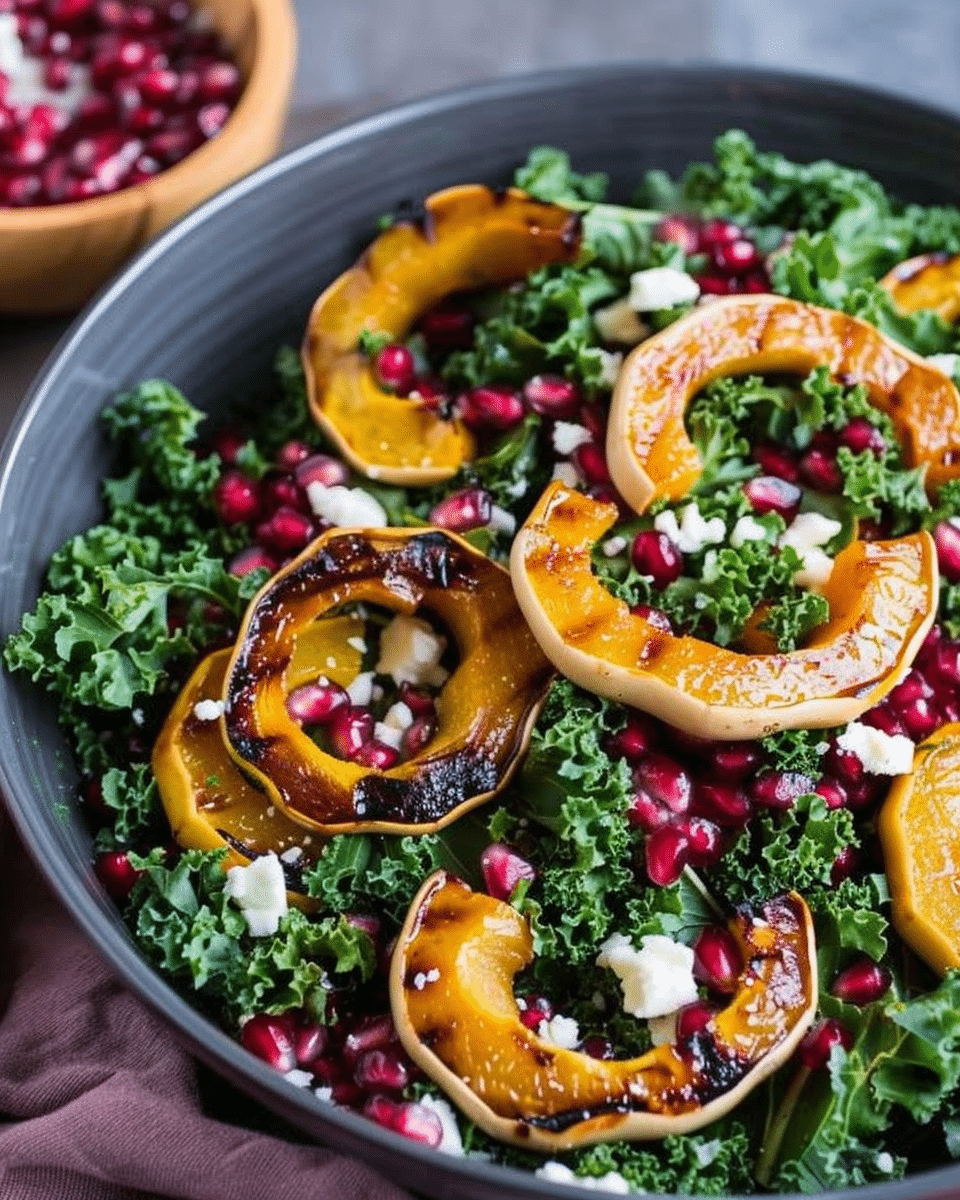 Fall Harvest Salad with Delicata Squash, Pomegranate and Kale