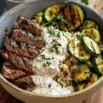 Grilled Steak Bowl with Creamy Sauce & Grilled Zucchini