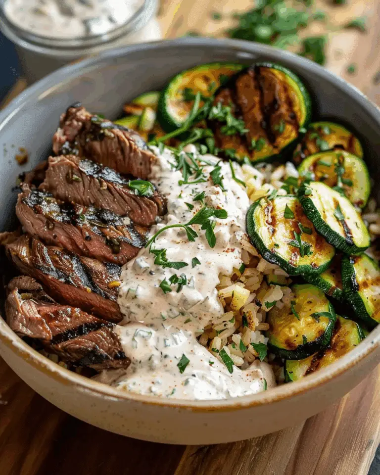 Grilled Steak Bowl with Creamy Sauce & Grilled Zucchini