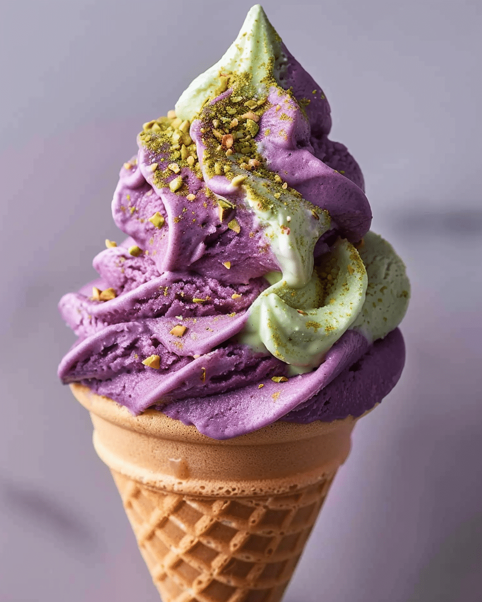 Pistachio Ube Soft-Serve Cones