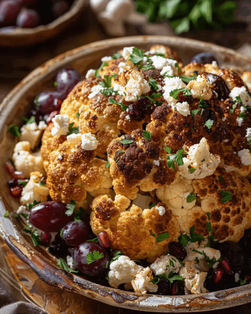 Whole Roasted Cauliflower with Grapes and Feta