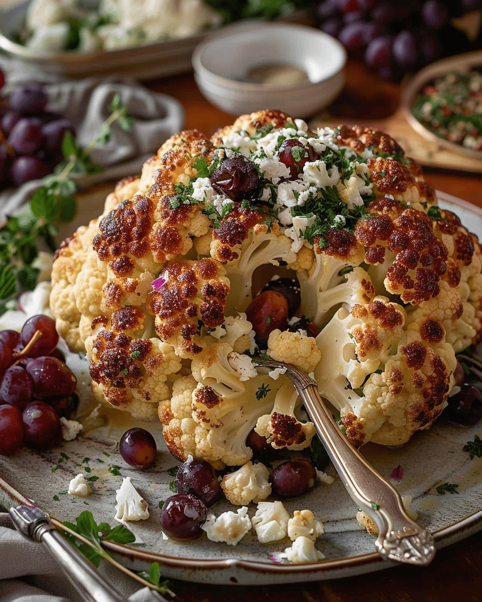 Whole Roasted Cauliflower with Grapes and Feta