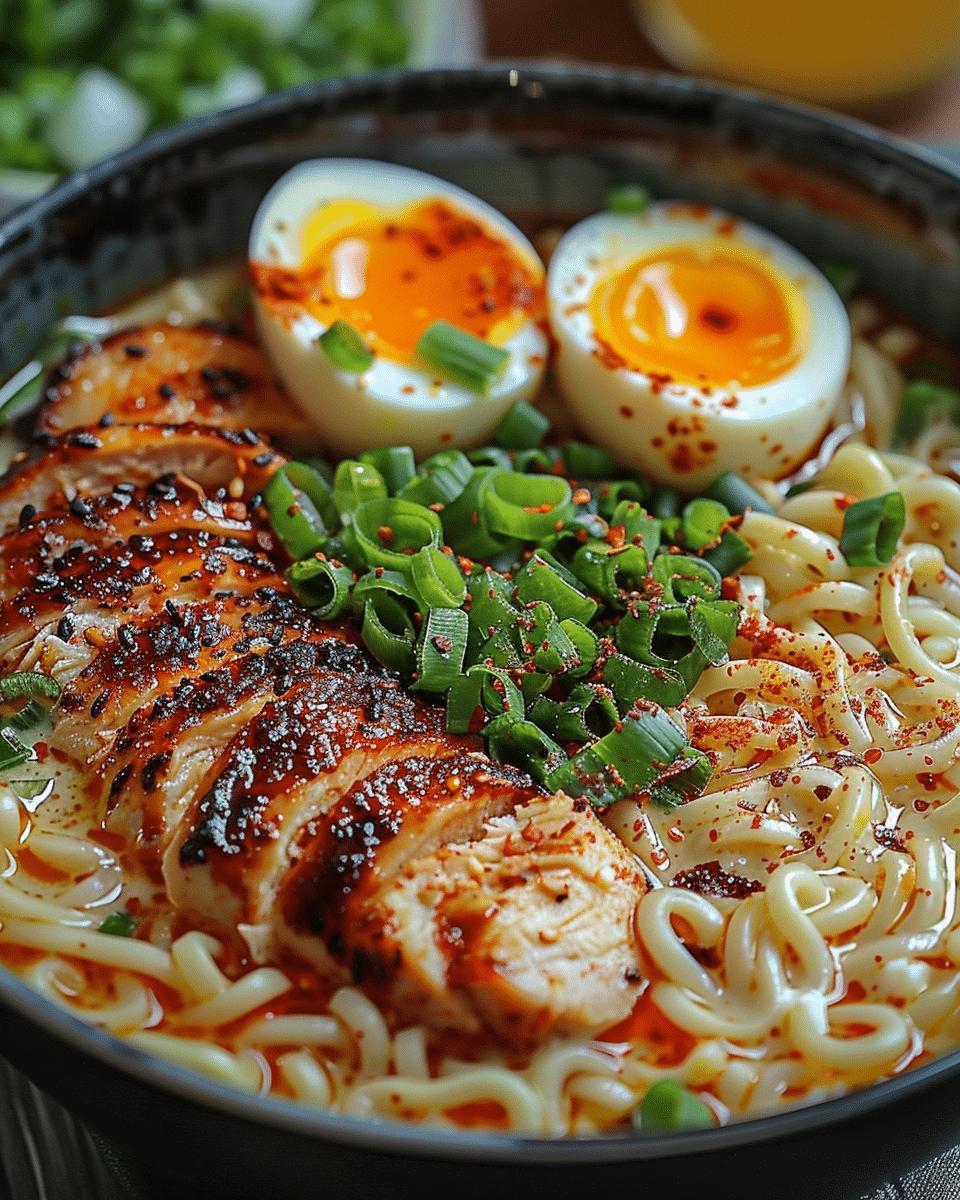 Fiery Chicken Ramen with Creamy Garlic Sauce: A Bold and Flavorful Comfort Dish