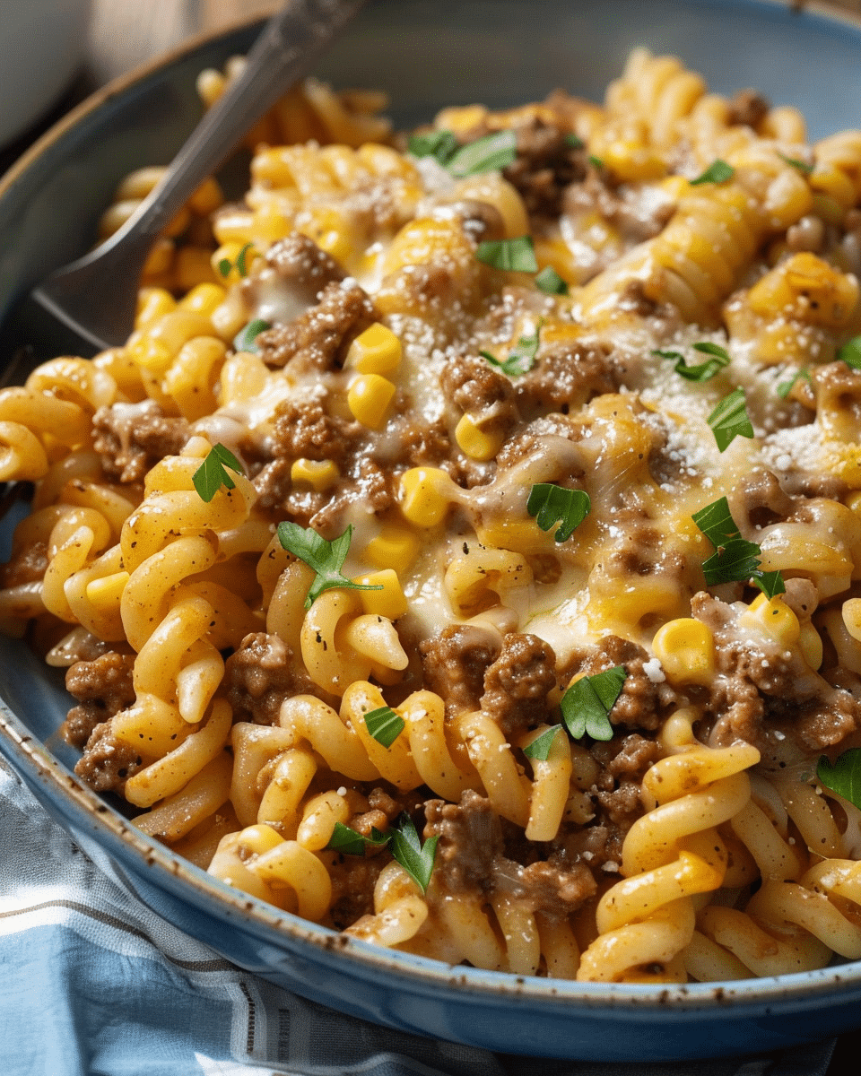 Cheesy Ranch Rotini Bake with Beef and Sweet Corn