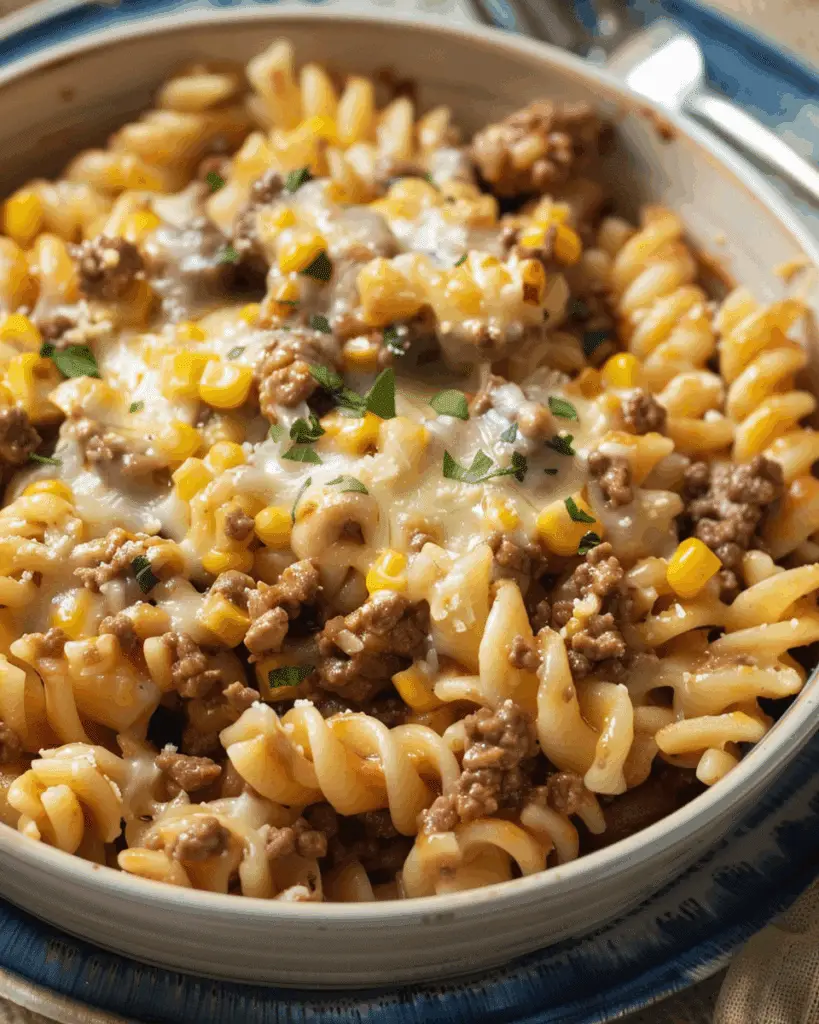 Cheesy Ranch Rotini Bake with Beef and Sweet Corn