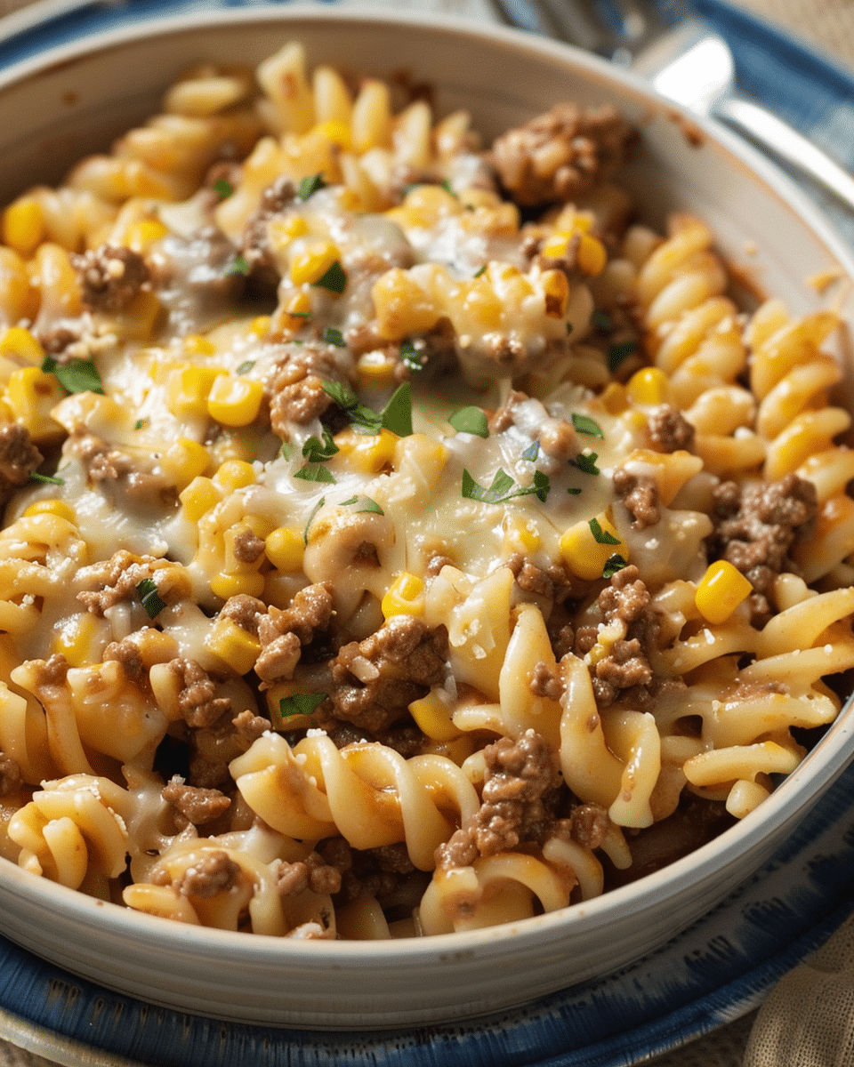Cheesy Ranch Rotini Bake with Beef and Sweet Corn
