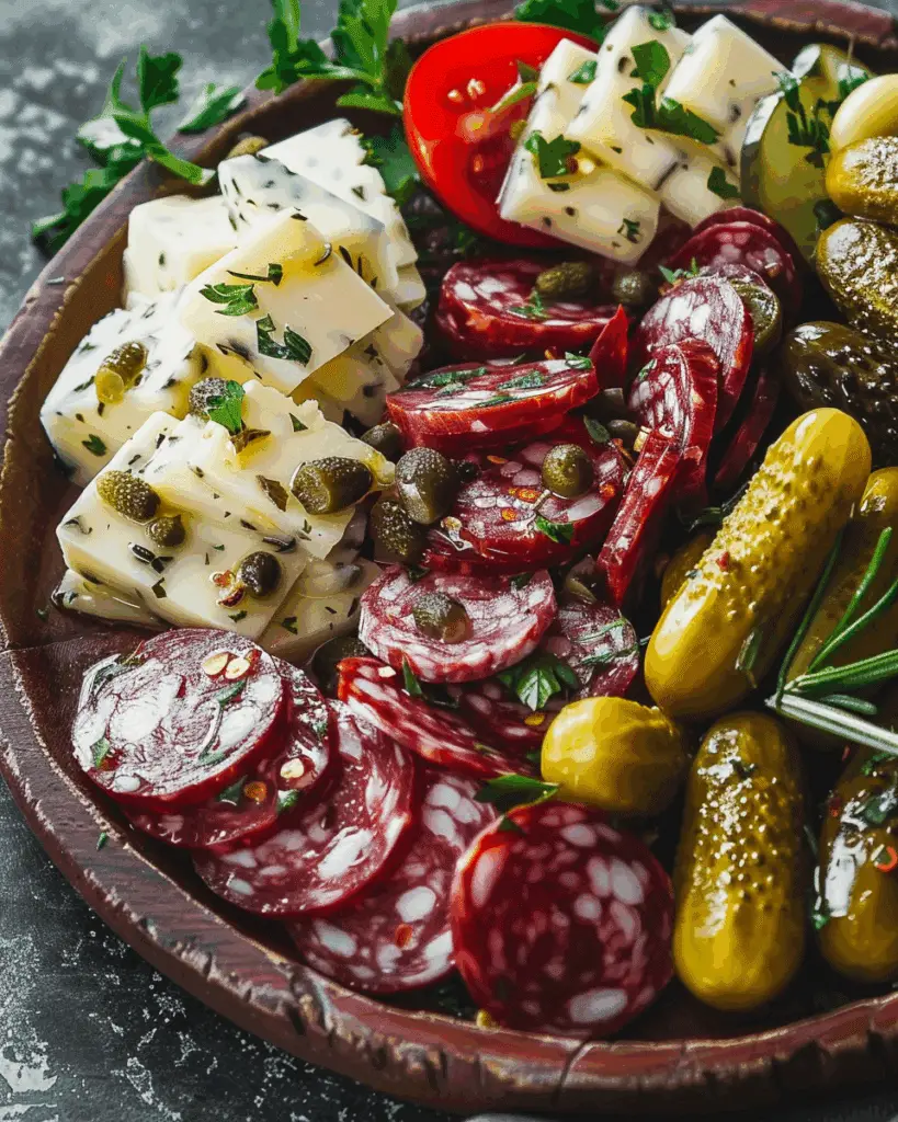 Easy Marinated Cheese Appetizer with Salami & Pickles