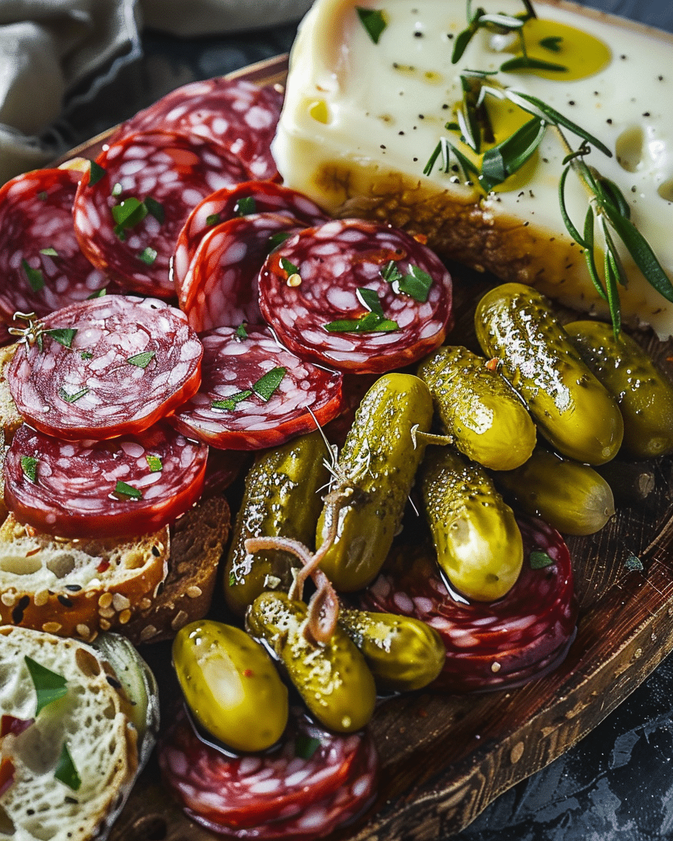 Easy Marinated Cheese Appetizer with Salami & Pickles