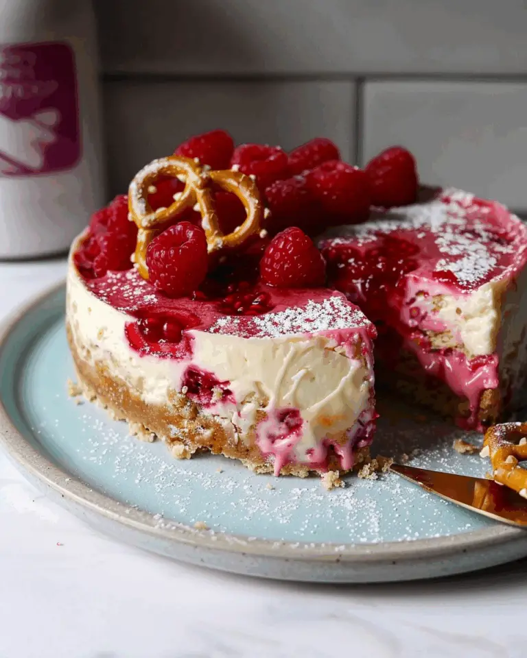 Raspberry Pretzel Protein Cheesecake
