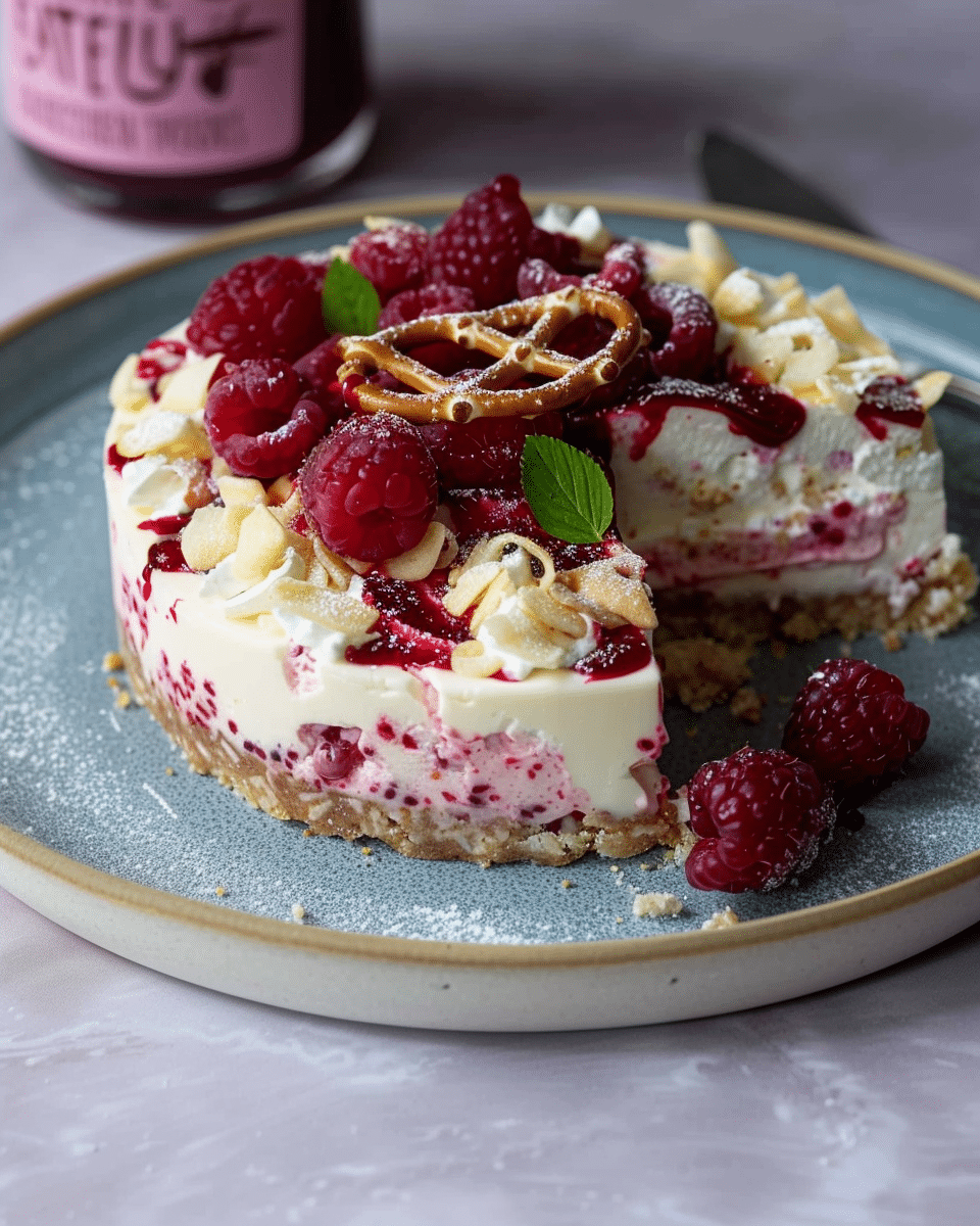 Raspberry Pretzel Protein Cheesecake
