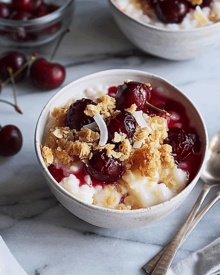 Rice Pudding with Cherries and Salted Coconut Crumble