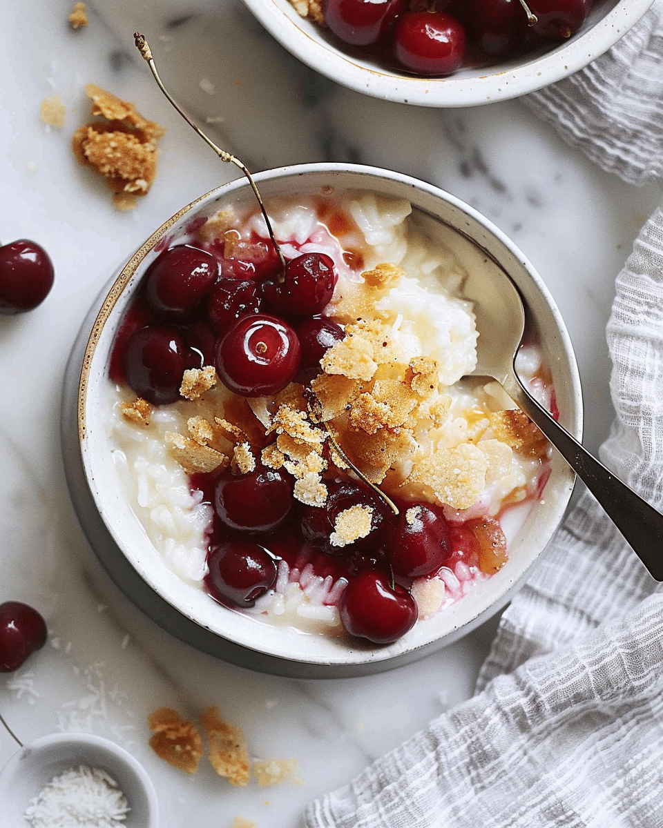 Rice Pudding with Cherries and Salted Coconut Crumble