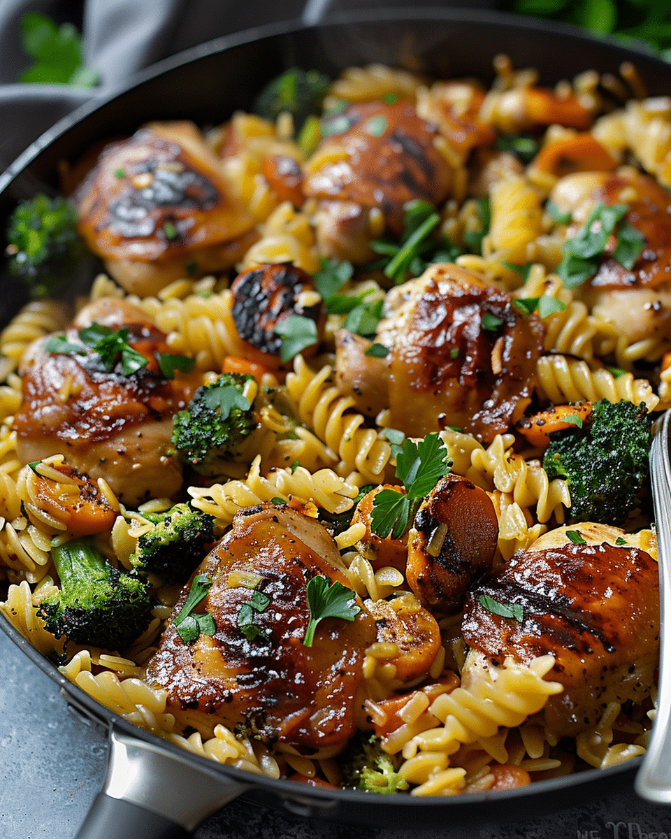 Skillet Chicken Thighs with Broccoli Cheddar Orzo