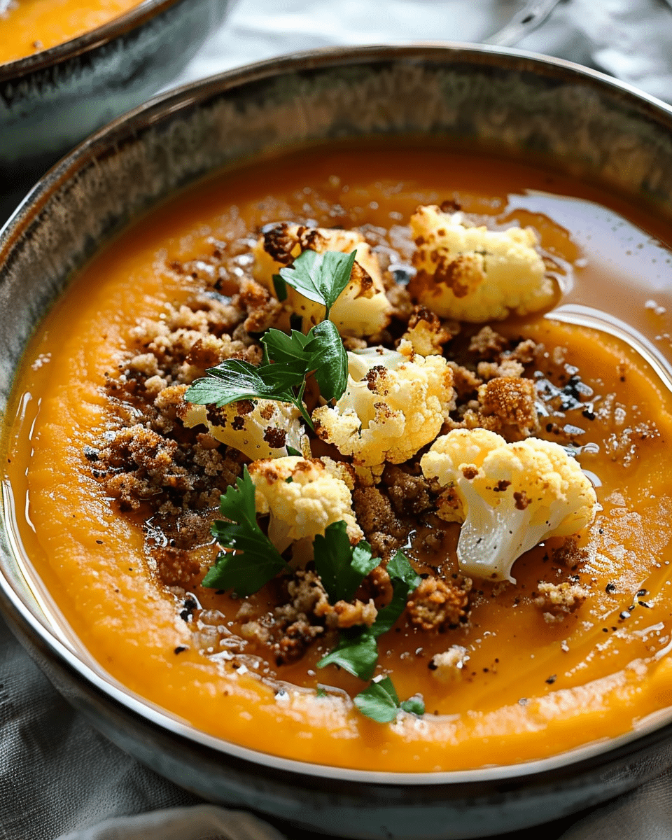 Sweet Potato Soup with Roasted Cauliflower Crumbles