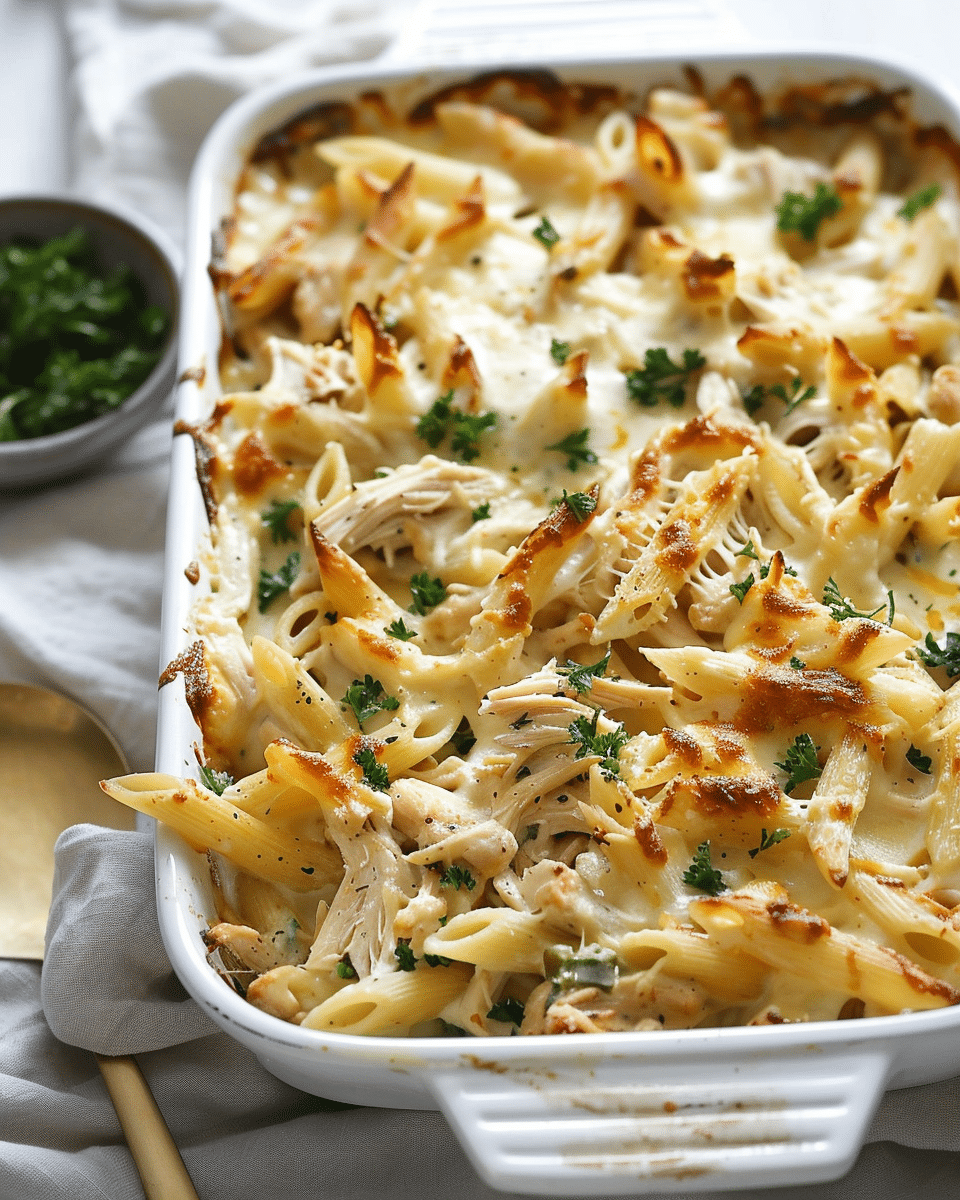 Creamy French Onion Chicken Pasta Bake