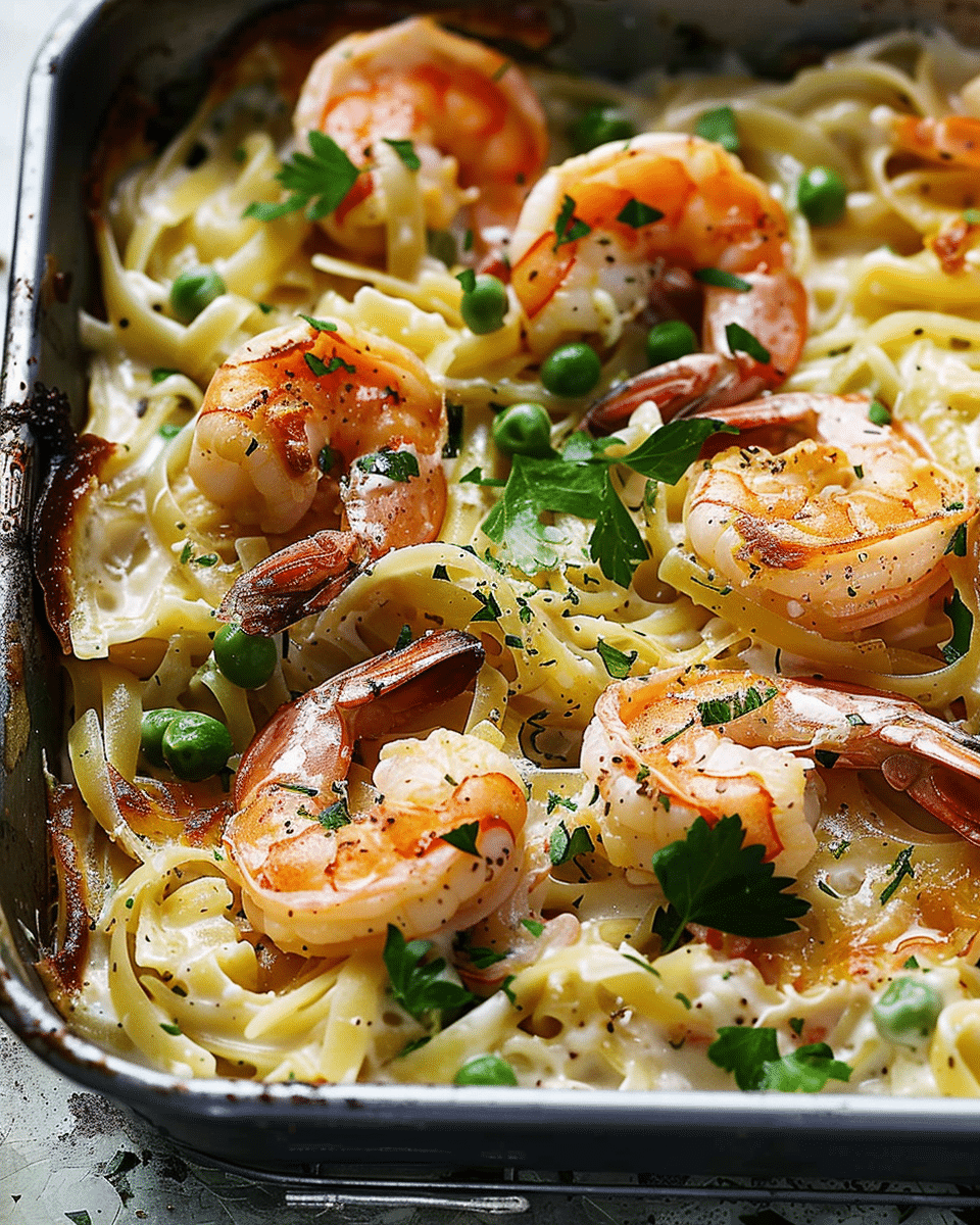 Easy Creamy Garlic Prawn Pasta Bake