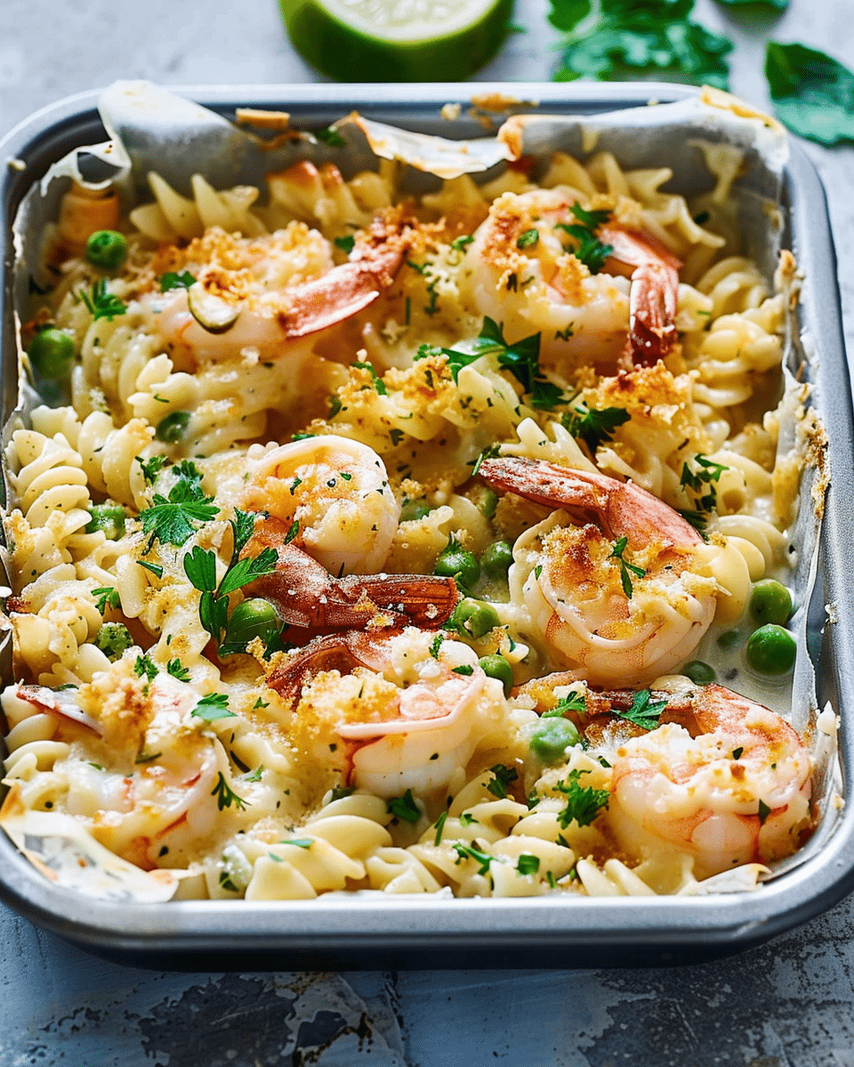 Easy Creamy Garlic Prawn Pasta Bake