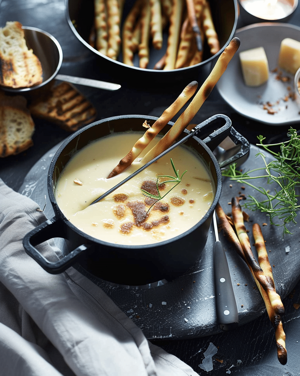 Simple Cheese Fondue with Bread Sticks