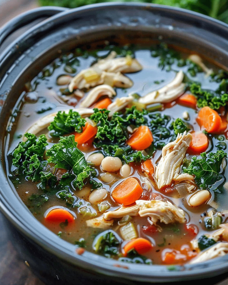 Slow Cooker Chicken, White Bean, and Kale Soup with Parmesan Shavings