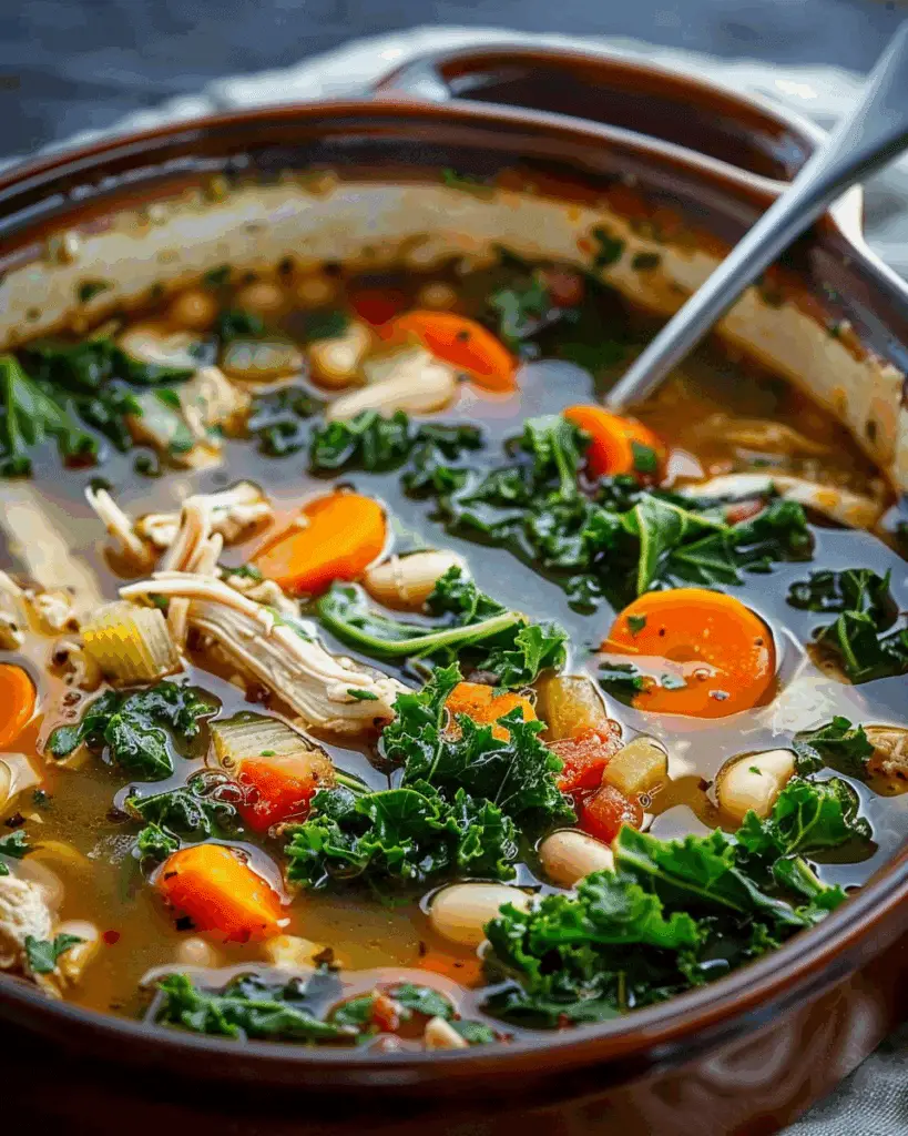 Slow Cooker Chicken, White Bean, and Kale Soup with Parmesan Shavings