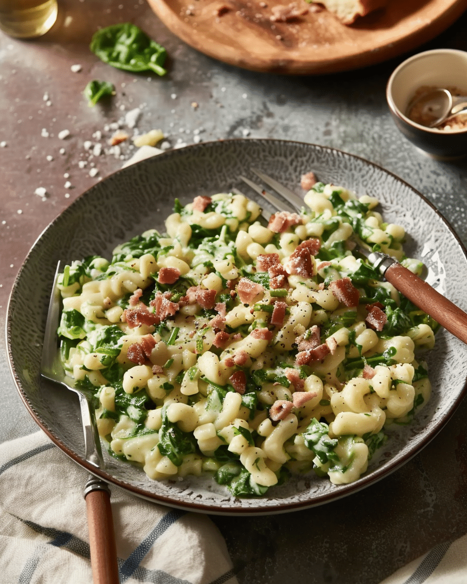 Spinach Spaetzle with Cream and Speck