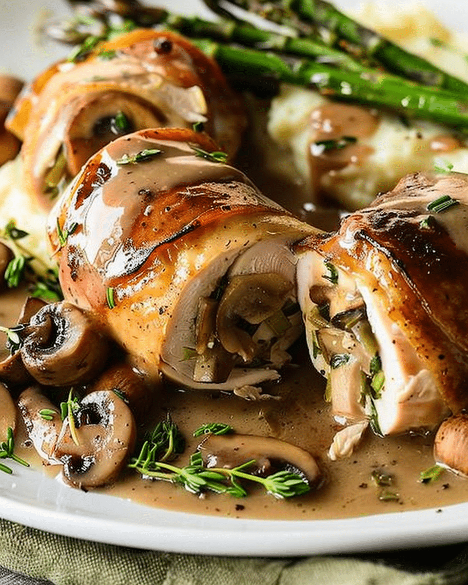 Stuffed Chicken Involtini with Mushroom Gravy