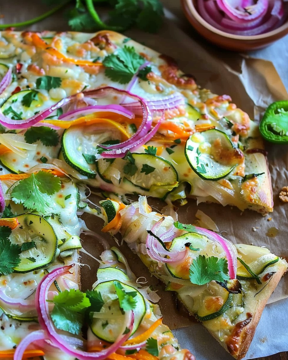 Thai Pizza with Zucchini and Pickled Onions