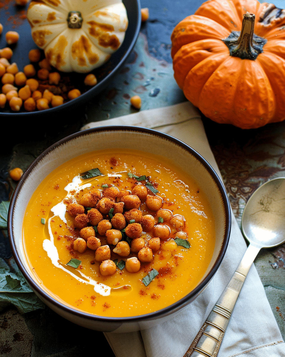 Roasted Hokkaido Pumpkin Bisque with Curry Toasted Chick Peas
