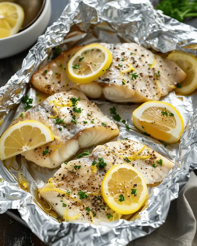 Grilled Cod in Foil with Lemon Butter Sauce