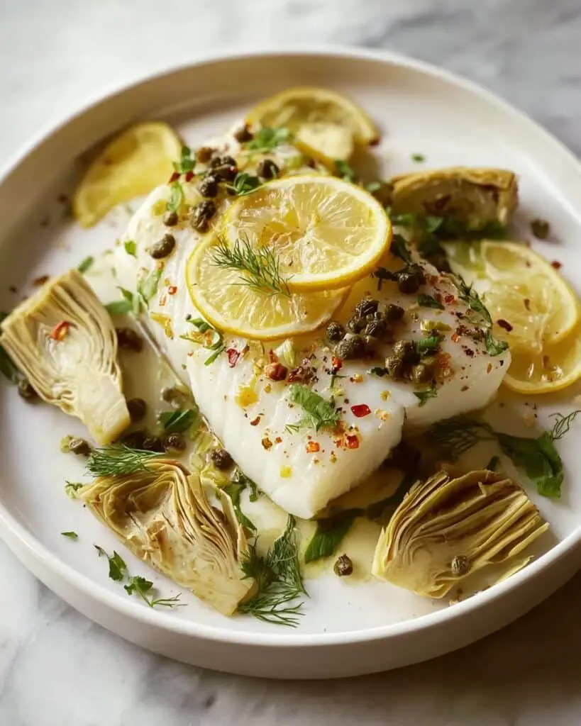 Roasted Halibut With Artichokes And Lemon