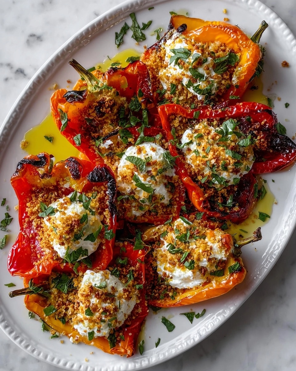 Grilled Marinated Peppers with Burrata and Breadcrumbs