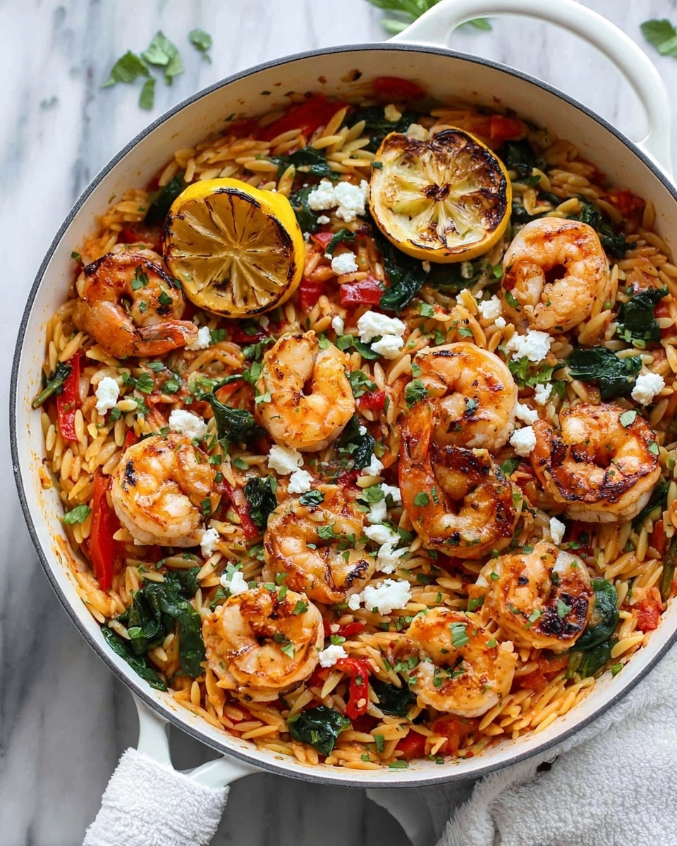 One Pot Harissa Shrimp and Feta Orzo
